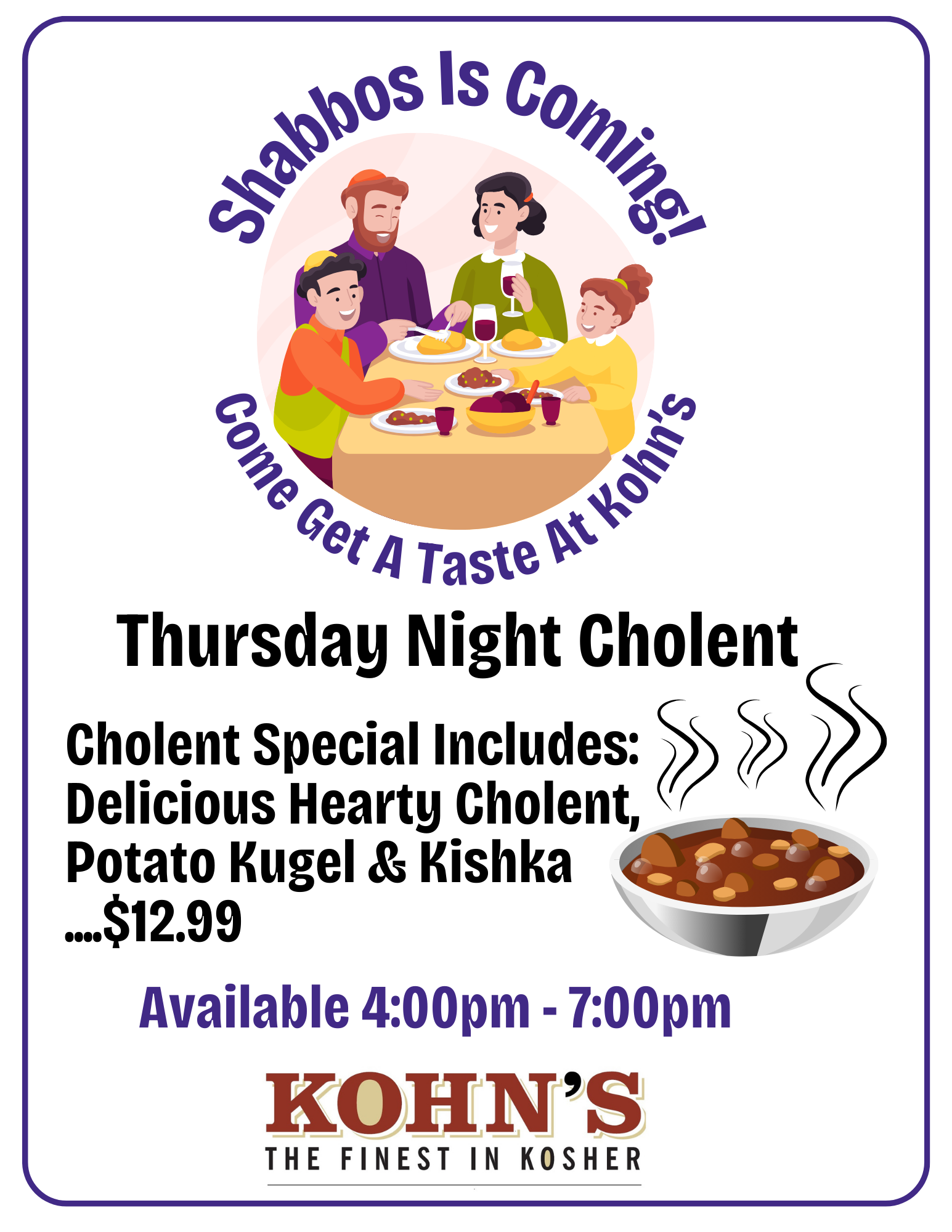 Thursday Night Cholent Menu 2-8